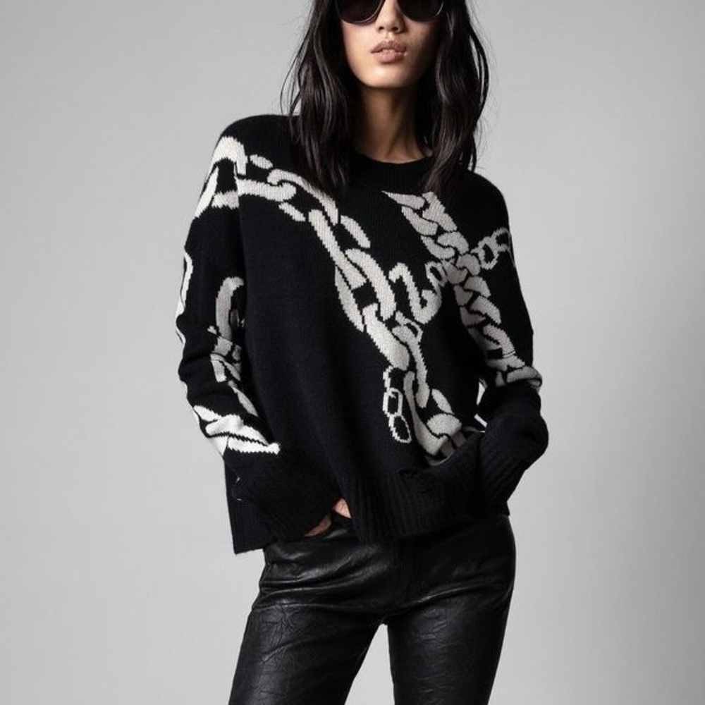 Zadig & Voltaire Starry Chain Print Cashmere Sweater (Sz XS) Distressed Noir